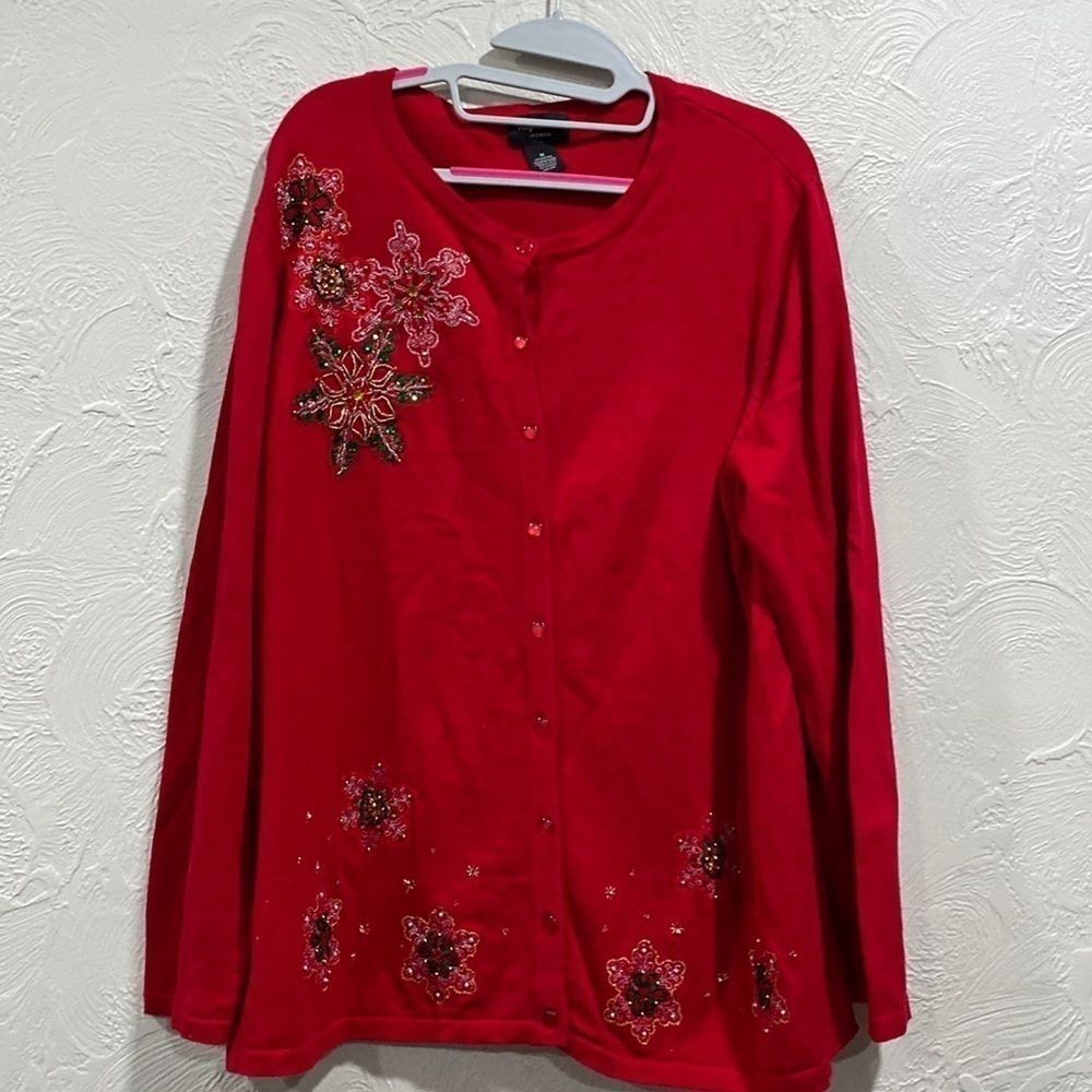 Repartee Woman Embellished Beaded Christmas Snowflake Sweater Cardigan 1X